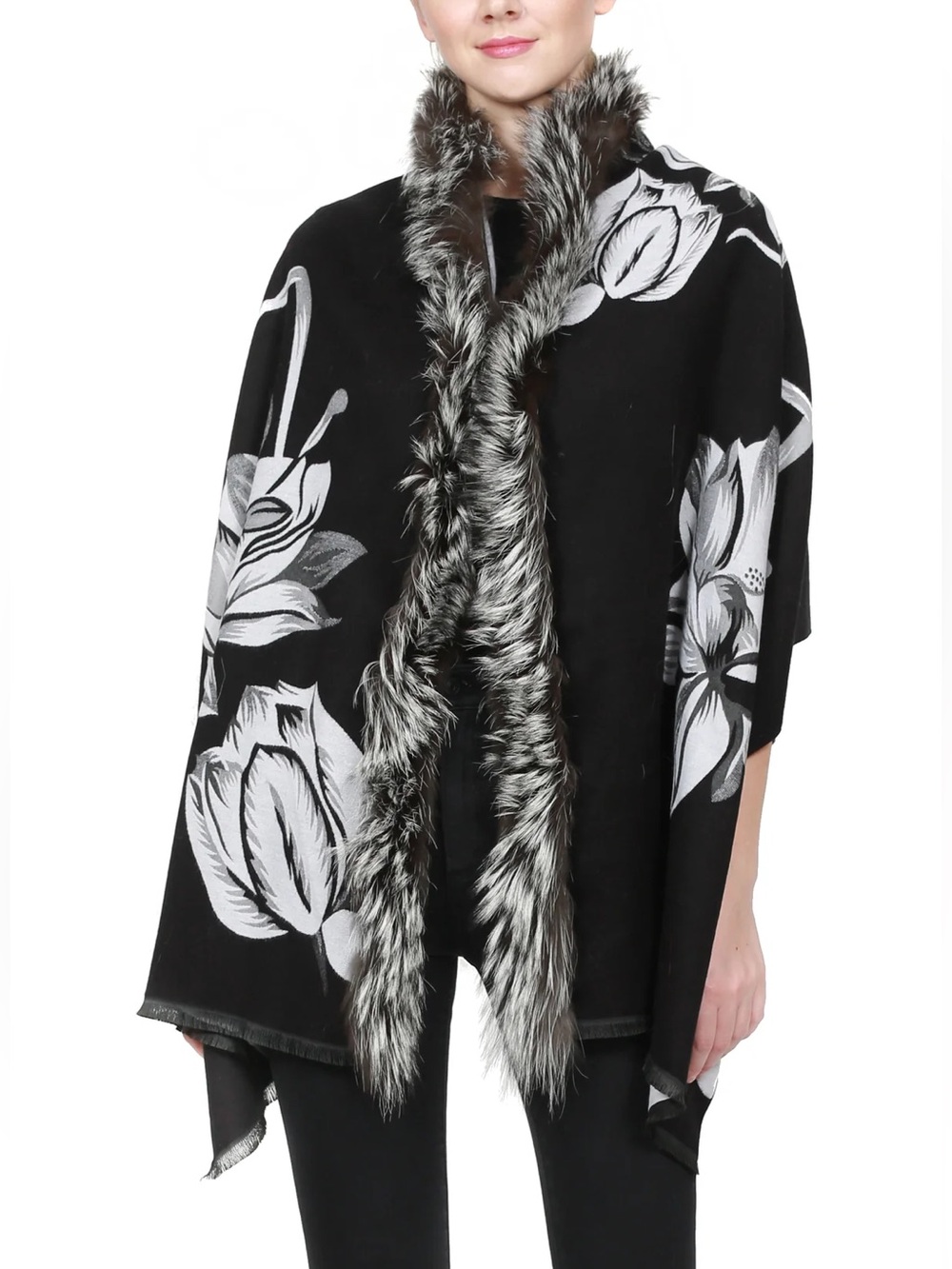 NWT Belle Fare Black Silver Fox Fur Cashmere Angora Wool Shawl Neiman Marcus